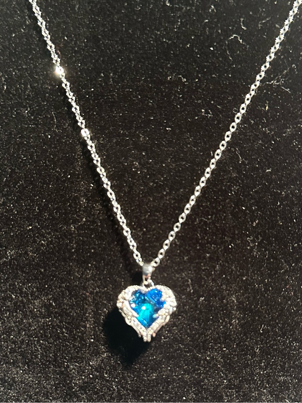 Silver toned Blue CZ with halo Necklace